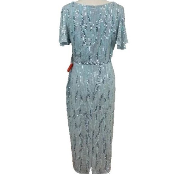 MAC DUGGAL 93591 SEQUINED V-NECK FLUTTER SLEEVE TEA LENGTH POWDER BULE GOWN 18 - Picture 7 of 9